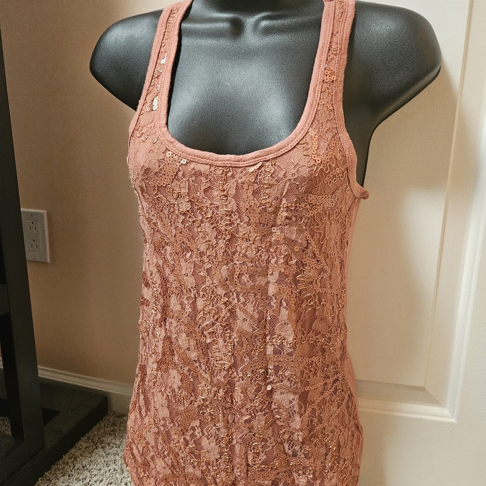BKE Lace Tank Top in Rust Orange With Sequins Detail - Picture 5 of 10